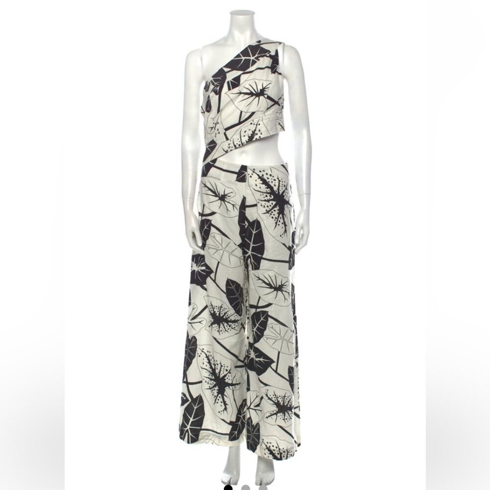 Farm Rio Monstera Print Linen One Shoulder Cut Out Jumpsuit Black White large